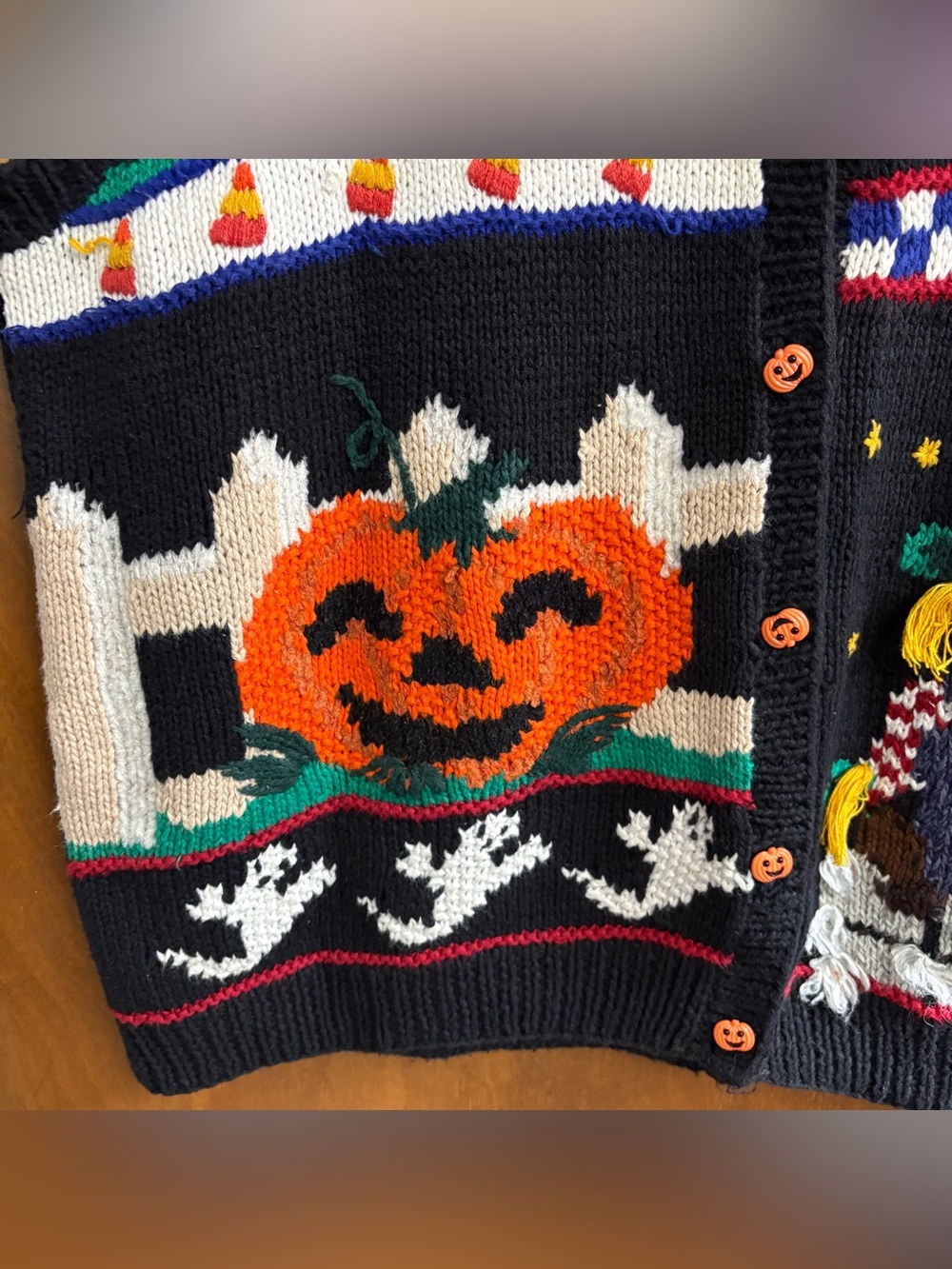 Vintage 90s Black Halloween Patchwork Embroidered Sweater Vest Pumpkin Ghost Y2K - Picture 6 of 11